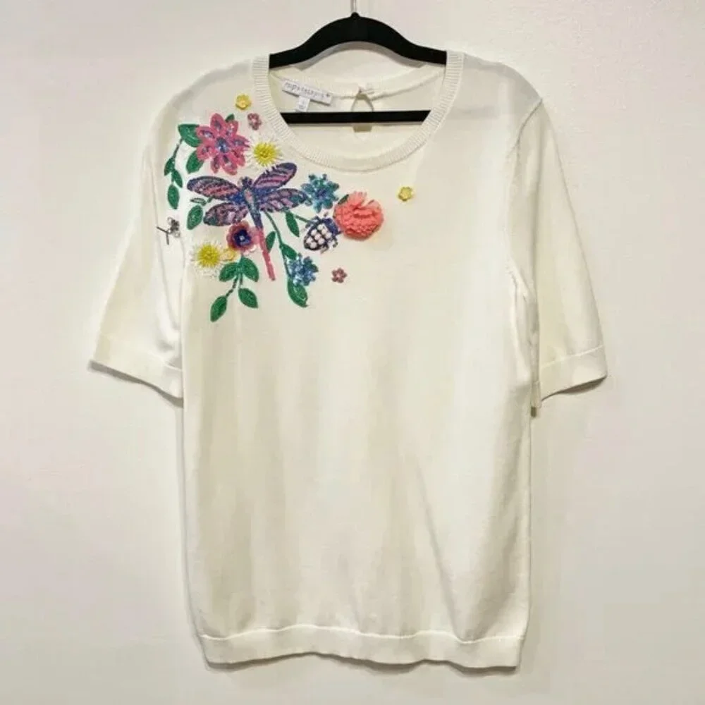 Like New Talbots Embellished Short Sleeve Sweater Cream Small